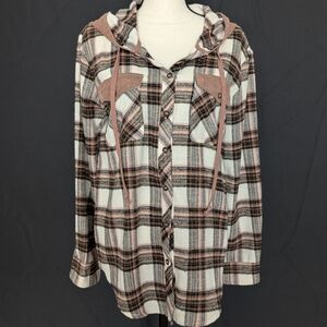Hem & Thread Cream, Dusty Rose, Black & Brown Plaid Hooded Shirt Jacket